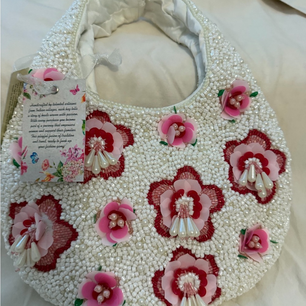 Beaded White Shoulder Bag with Pink Floral Appliqués